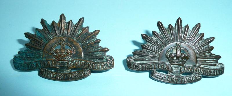WW1 / WW2 Australian Commonwealth Military Forces Generic Rising Sun Pair of Bronze Collar Badges - Stokes