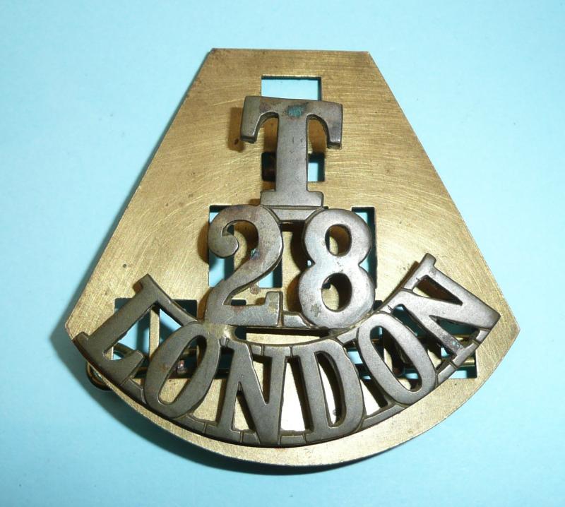 T / 28 / London (Artists Rifles) One Piece Brass Shoulder Title with Backing Plate
