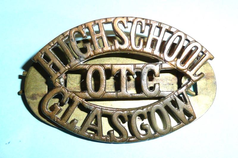 Glasgow High School OTC (HIGH SCHOOL/O.T.C./GLASGOW) Brass Shoulder Title on Backing Plate