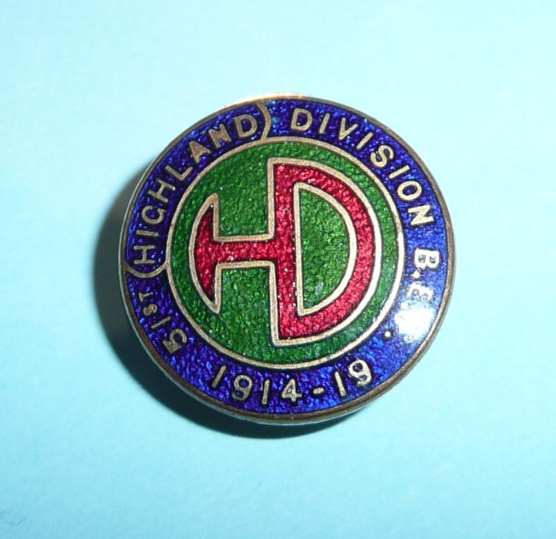 51st Highland Division BEF 1914-19 Enamel & Gilt Old Comrades Lapel Buttonhole Badge