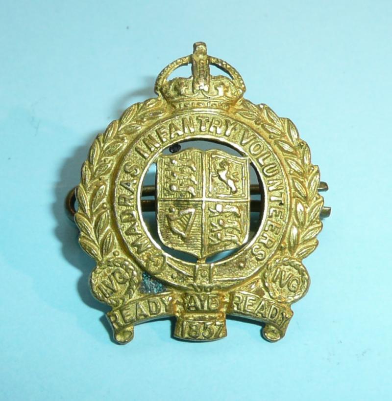 Indian Army (AFI) - 1st Madras Volunteer Guards / Infantry Volunteers Officer's Fire Gilt Collar Badge, King's Crown