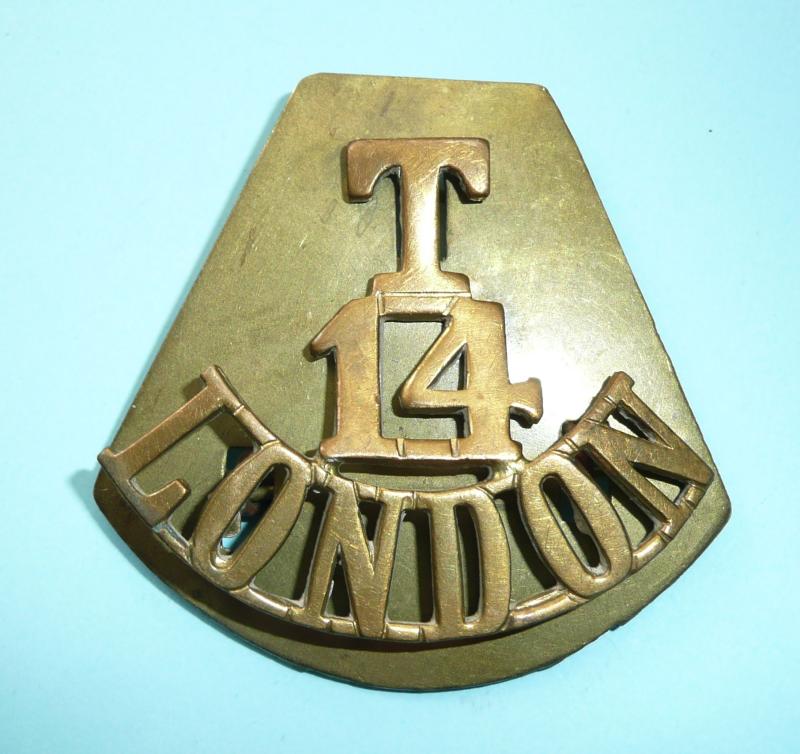 T / 14 / London (London Scottish) One Piece Brass Shoulder Title on Backing Plate