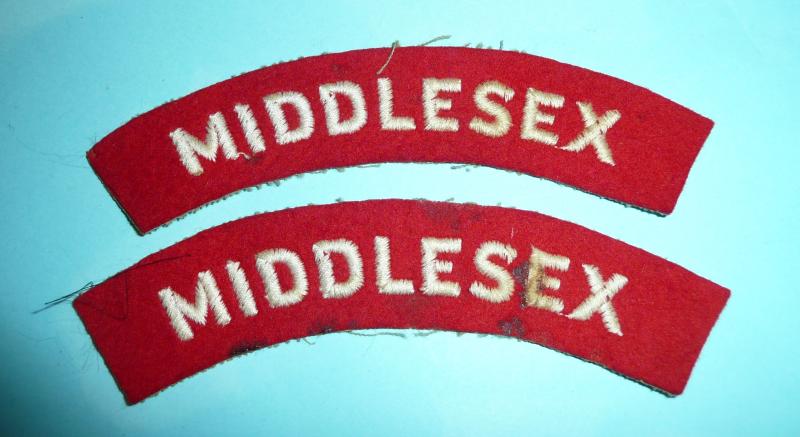 Middlesex Regiment Pair of Woven White on Red Felt Cloth Shoulder Titles