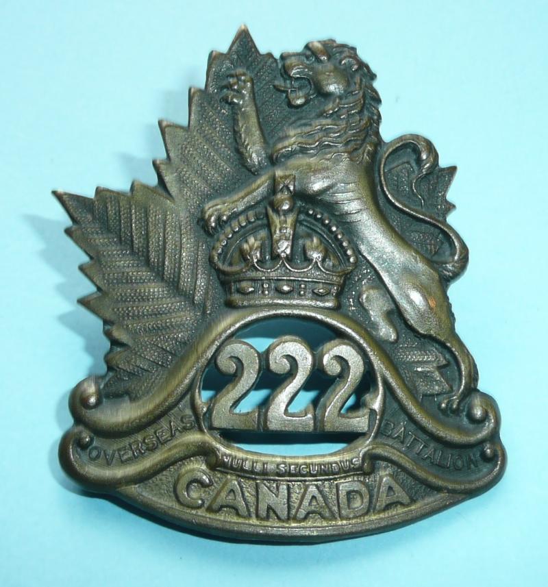 WW1 Canada - CEF Canadian Expeditionary Force 222nd Overseas Infantry Battalion (Winnipeg Manitoba) Pickled Copper Cap Badge