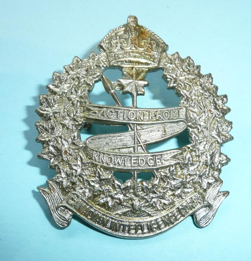 WW2 Canadian Intelligence Corps White Metal Cap Badge