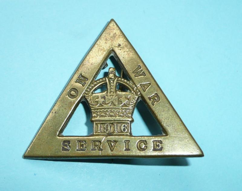 WW1 - Home Front 1916 On War Service Women's Munition Workers Brass Triangle Pin Badge - Wylie & Co