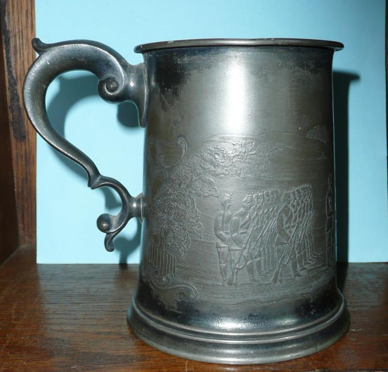 Mid- Victorian Pewter Pint Tankard - Relief Decoration Depicts 1860s Style Rifle Volunteers On Exercise