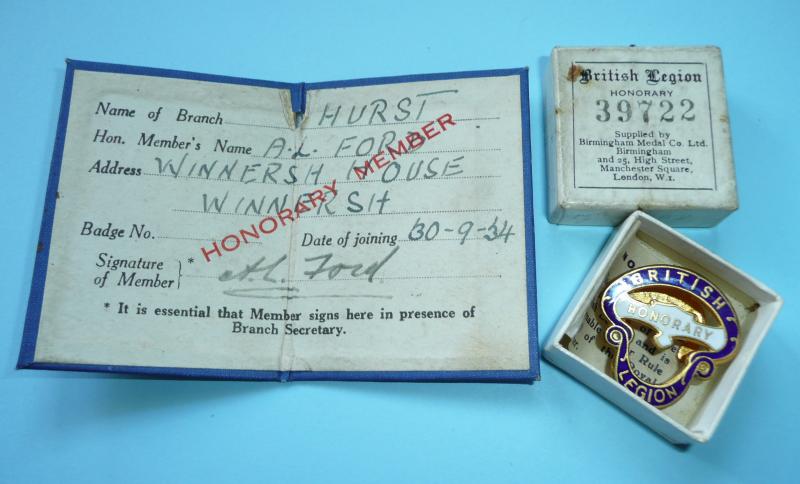Honorary British Legion Boxed Enamel Lapel Badge with Membership Card