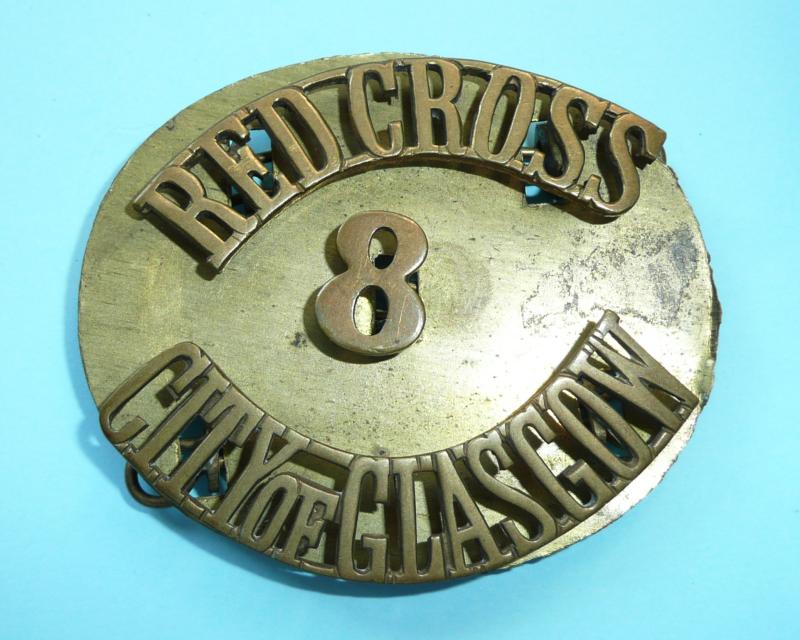 WW1 Home Front - Red Cross / 8 / City of Glasgow Three Piece Brass Shoulder Title on Original Backing Plate