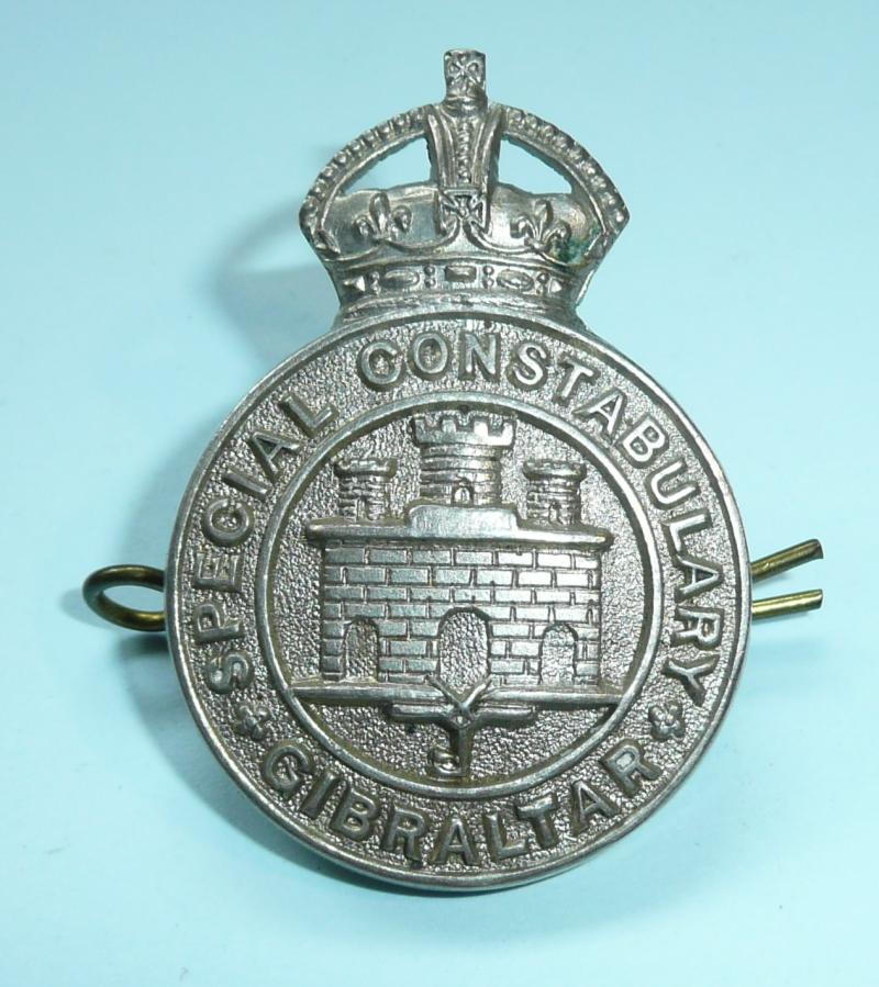 Gibraltar Special Constabulary Constable Police White Metal Cap Badge, King's Crown