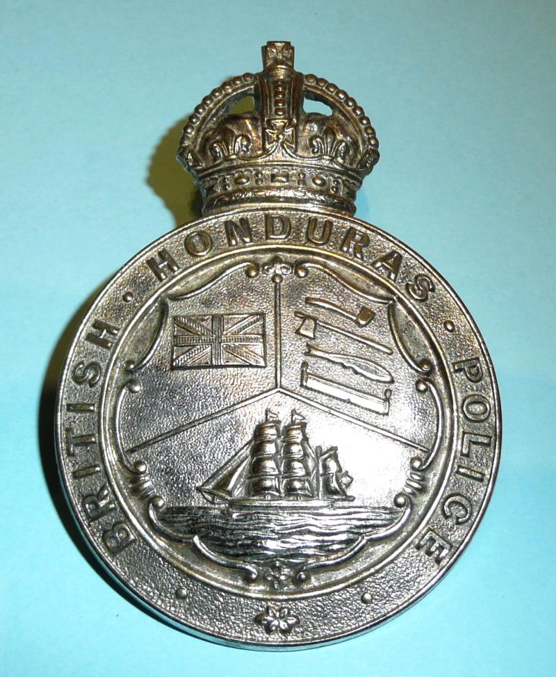 Central America - British Honduras Police White Metal Helmet Plate Badge, King's Crown