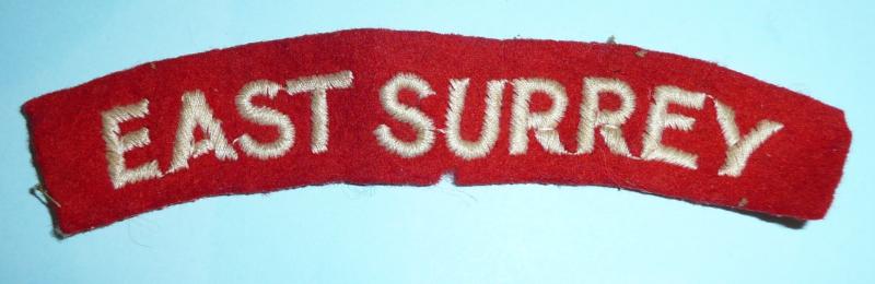 WW2 East Surrey Regiment White on Red Embroidered Cloth Shoulder Title