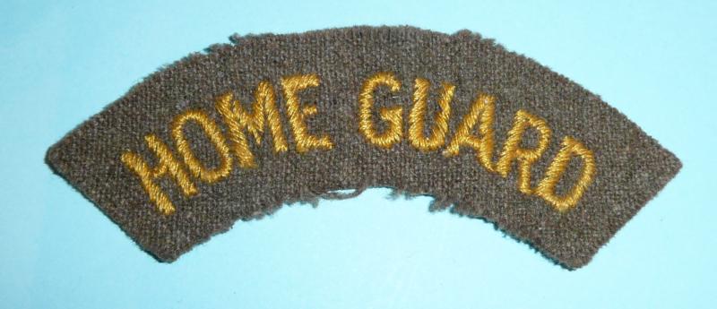 WW2 Home Guard - Embroidered Yellow / Gold on Khaki Felt Cloth Shoulder Title