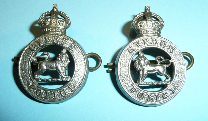 Cyprus Police Pair of Matched and Facing White Metal Collar Badges - Firmin