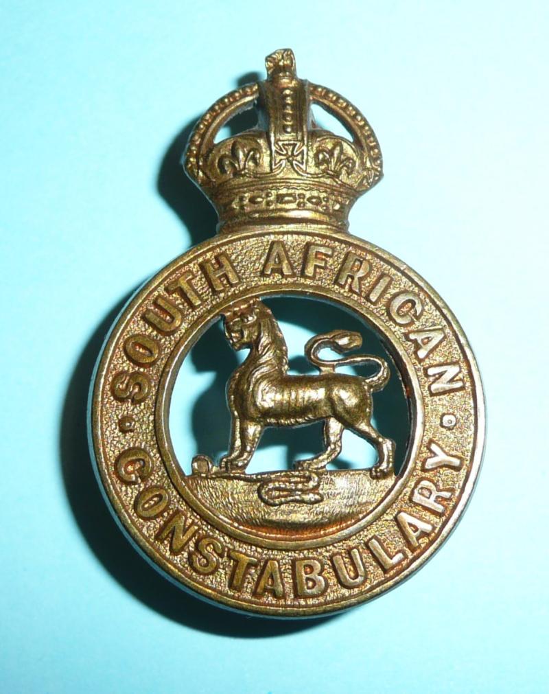 South African Constabulary Edwardian Gilding Metal Helmet and Cap Badge, Voided, Kings Crown