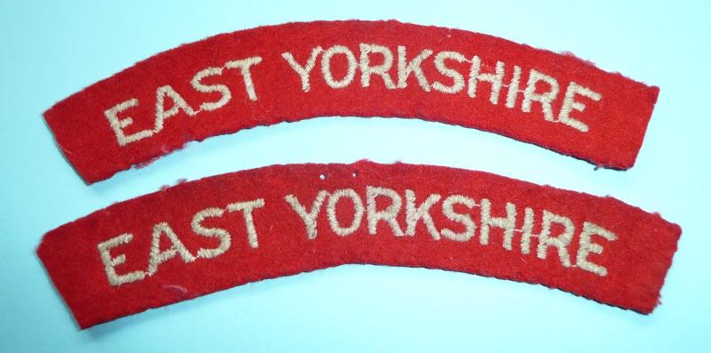 WW2 East Yorkshire Regiment Matched Pair of Woven White on Red Felt Cloth Shoulder Titles