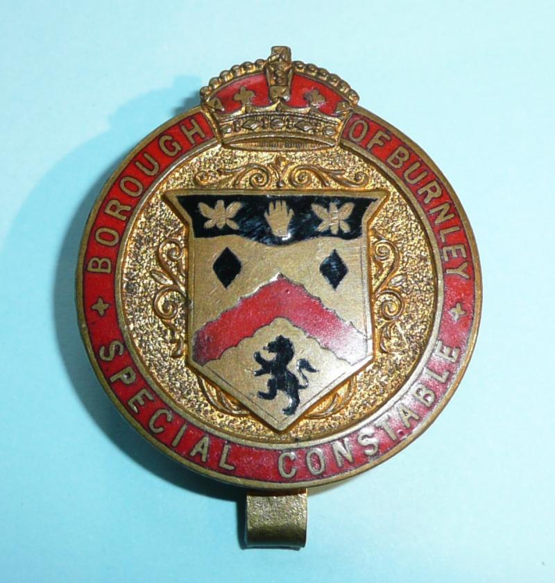 WW1 Borough of Burnley Special Constable Constabulary Police Gilt and Enamel Mufti Buttonhole Lapel Badge - Red Outer Ring  - converted to Cap Badge