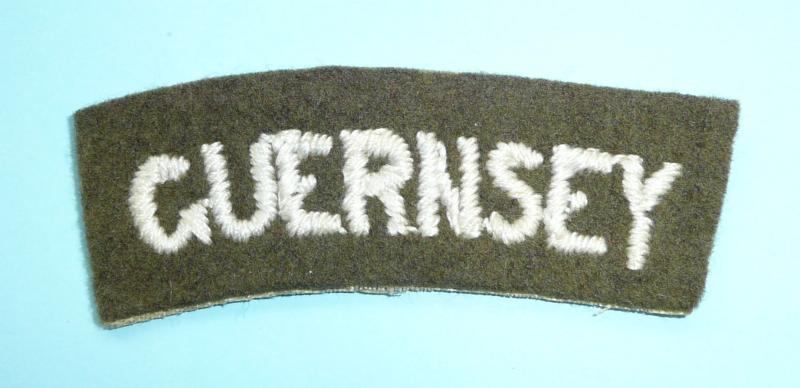 WW2 Guernsey, Channel Islands Embroidered White on Khaki Felt Cloth Shoulder Title  - ATS