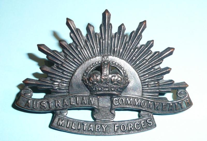 Australian Commonwealth Military Forces Blackened Bronze Rising Sun Cap Badge - Stokes