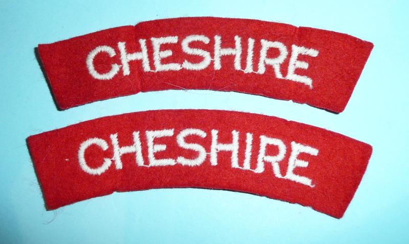 WW2 Cheshire Regiment Matched Pair of Woven White on Red Cloth Shoulder Titles