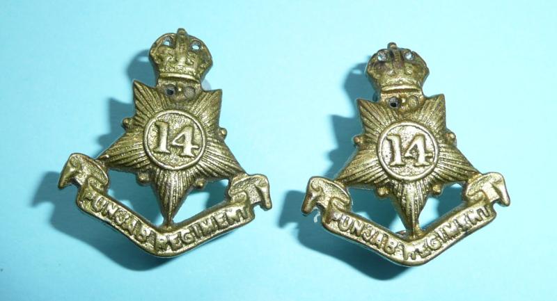 British Indian Army - 14th Punjab Regiment Matched Pair of Cast Brass Collar Badges, King's Crown