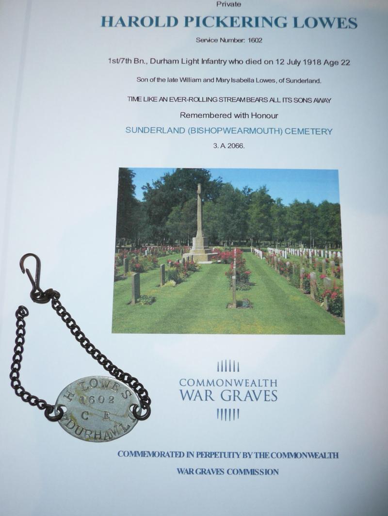 WW1 ID Identity Disc Pte Harold Pickering Lowes, 1/7th Battalion Durham Light Infantry (DLI) - Died from Wounds (gas)