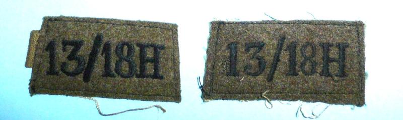 WW2 13/18th Hussars Woven Black on Khaki Epaulettes Slip-Ons Shoulder Titles