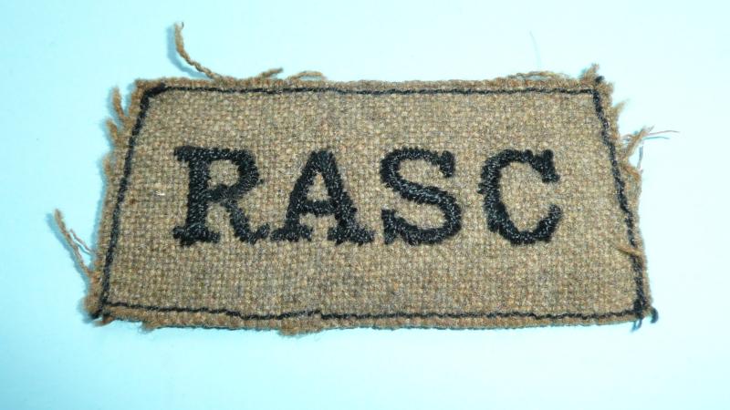 WW2 RASC Royal Army Service Corps Embroidered Black on Khaki Cloth Shoulder Slip on Slide Shoulder Title