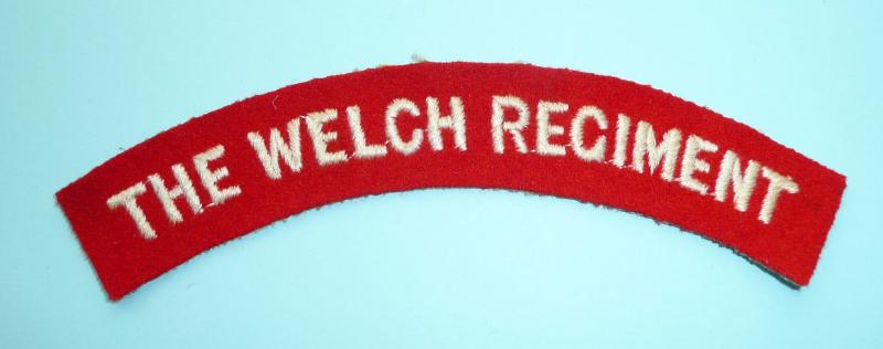 The Welch Regiment White on Red Woven Enbroidered Felt Cloth Shoulder Title
