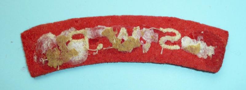 WW2 SWB (South Wales Borderers) White on Red Woven Enbroidered Felt Cloth Shoulder Title